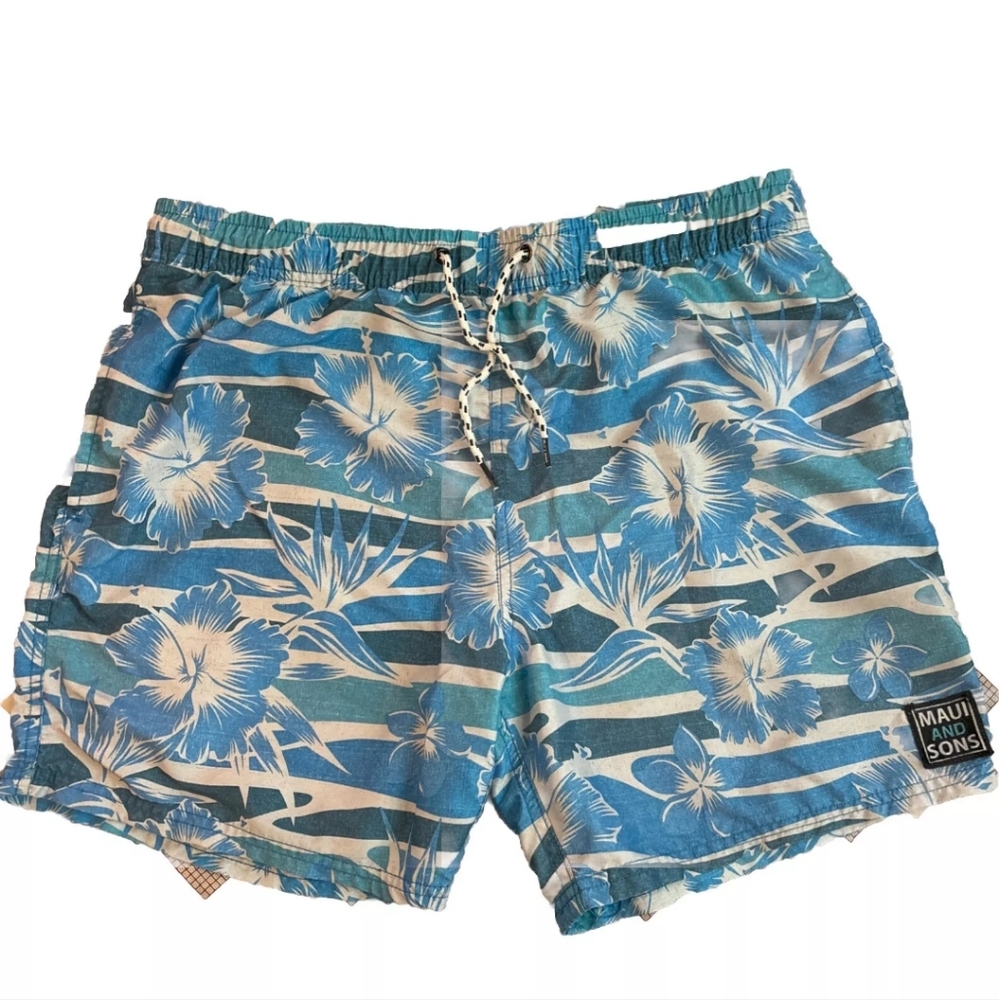 Maui And Sons Surfside Floral Swim Trunks Mens Size Large L - Blue